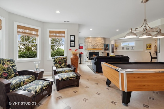 6531 W Cedar Ct, Monee, IL 60449 - playroom featuring recessed lighting, light tile patterned flooring, a fireplace, and billiards