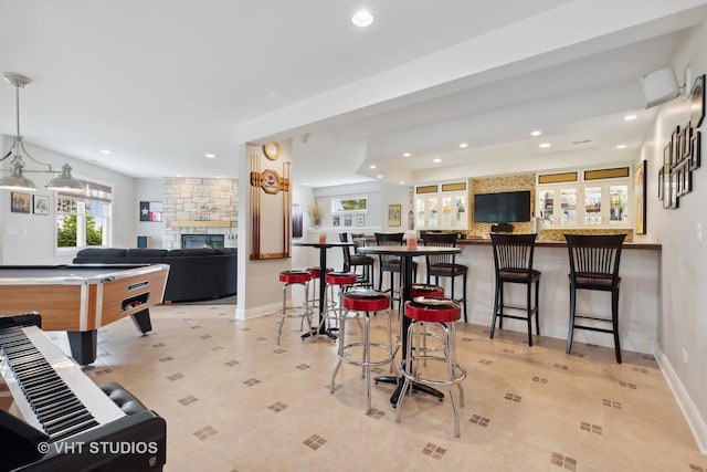 6531 W Cedar Ct, Monee, IL 60449 - game room featuring a stone fireplace, recessed lighting, and billiards table