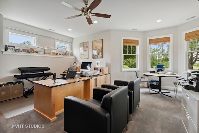 6531 W Cedar Ct, Monee, IL 60449 - office featuring dark carpet, ceiling fan, and recessed lighting