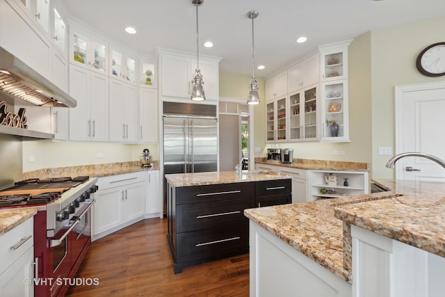6531 W Cedar Ct, Monee, IL 60449 - kitchen with premium appliances, white cabinets, dark wood finished floors, decorative light fixtures, and recessed lighting