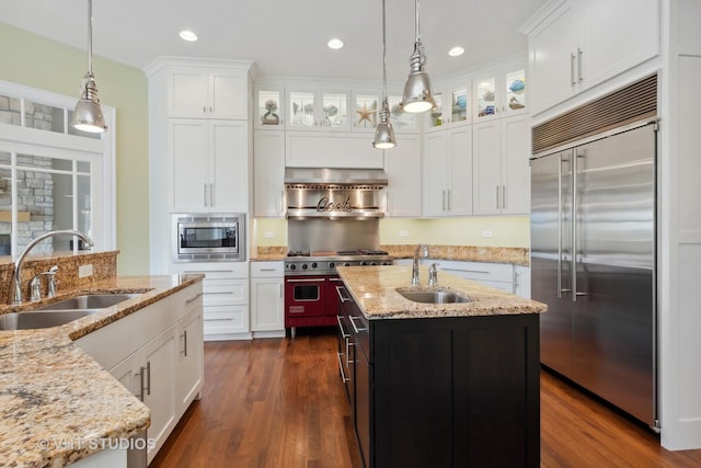 6531 W Cedar Ct, Monee, IL 60449 - kitchen with built in appliances, glass insert cabinets, dark wood finished floors, and recessed lighting