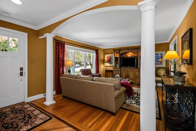 228 S Glendale Ave, Barrington, IL 60010 - living room with decorative columns, wood finished floors, arched walkways, and crown molding