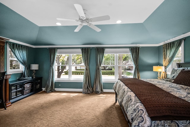 228 S Glendale Ave, Barrington, IL 60010 - bedroom featuring multiple windows, carpet, a ceiling fan, a raised ceiling, and vaulted ceiling