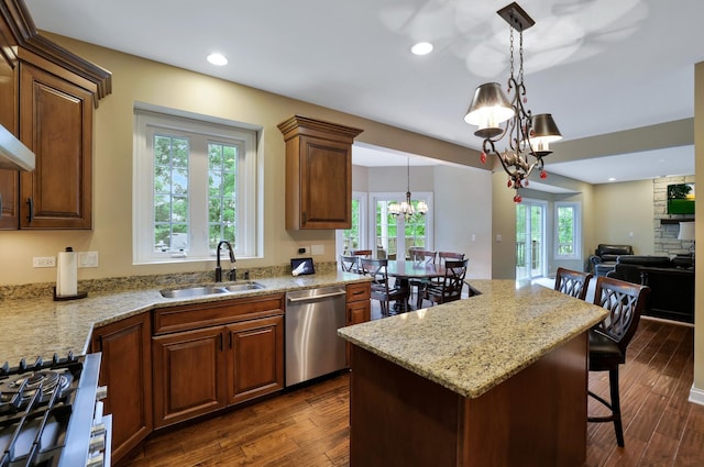 18013 Saint Andrews Dr, Marengo, IL 60152 - kitchen featuring dishwasher, a chandelier, dark wood finished floors, a kitchen bar, and recessed lighting