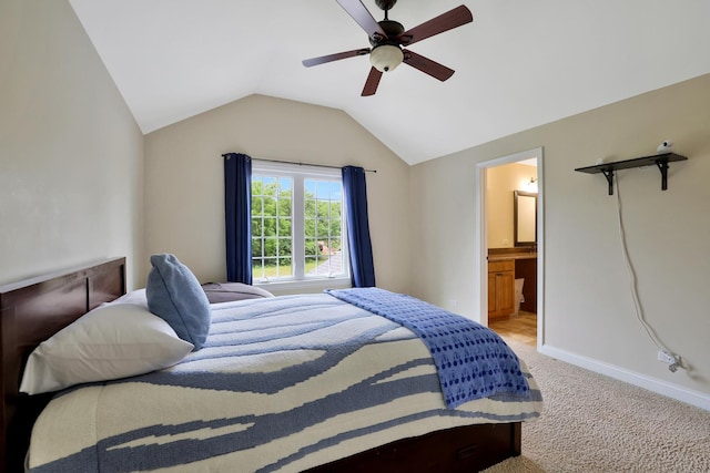 18013 Saint Andrews Dr, Marengo, IL 60152 - bedroom featuring lofted ceiling, light carpet, a ceiling fan, and ensuite bathroom