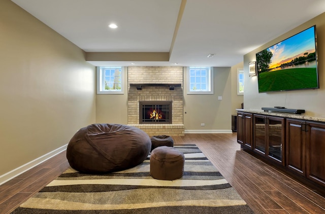 18013 Saint Andrews Dr, Marengo, IL 60152 - living area with dark wood-style floors, a fireplace, and recessed lighting