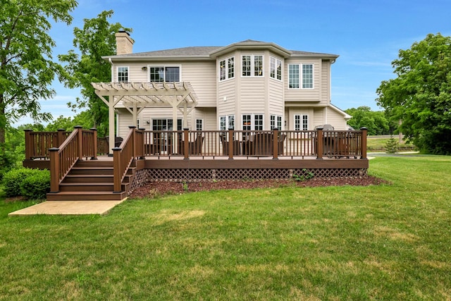 18013 Saint Andrews Dr, Marengo, IL 60152 - rear view of house with a pergola, a deck, a chimney, and a yard