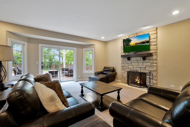 18013 Saint Andrews Dr, Marengo, IL 60152 - living room featuring a stone fireplace and recessed lighting