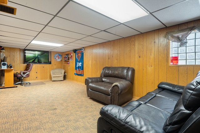 1314 Wesley Ave, Berwyn, IL 60402 - living area featuring carpet flooring, a drop ceiling, and wood walls