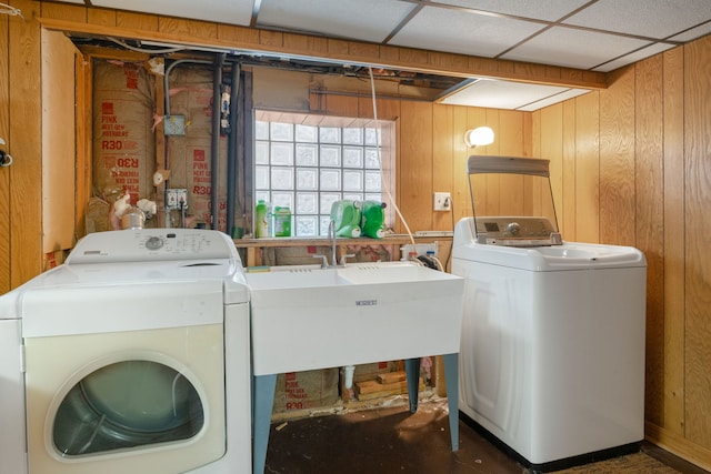 1314 Wesley Ave, Berwyn, IL 60402 - laundry room with washer and dryer and wood walls
