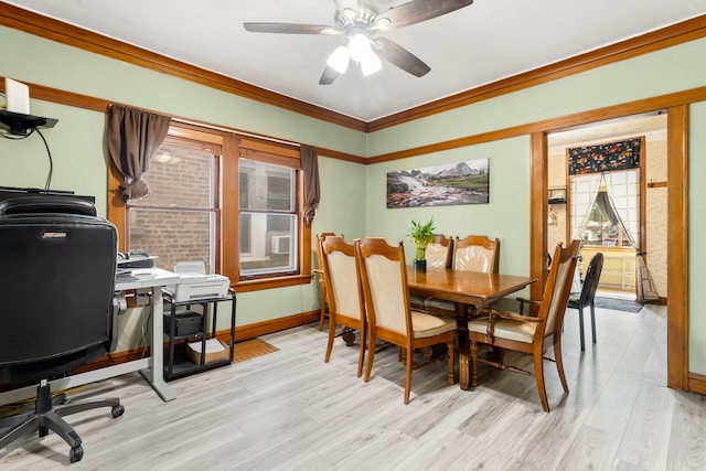 1314 Wesley Ave, Berwyn, IL 60402 - dining area with light wood finished floors, ceiling fan, an office area, and ornamental molding