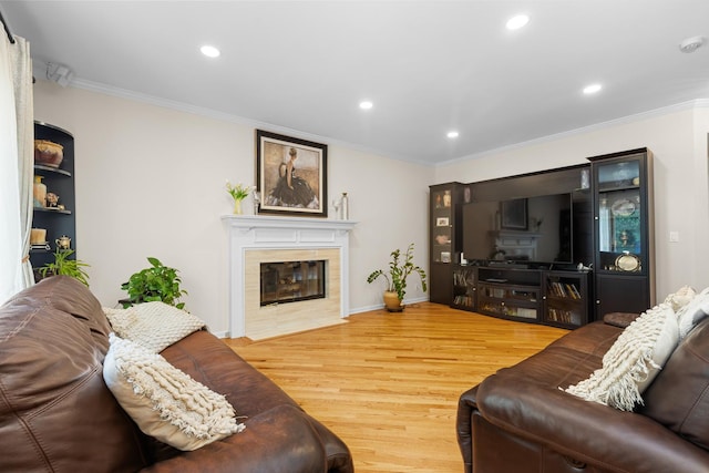 290 Knox Park Rd, Lake Zurich, IL 60047 - living area with wood finished floors, ornamental molding, recessed lighting, and a fireplace