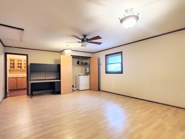 595 W Elk Grove Blvd, Elk Grove Village, IL 60007 - unfurnished living room featuring attic access, light wood finished floors, ceiling fan, and ornamental molding