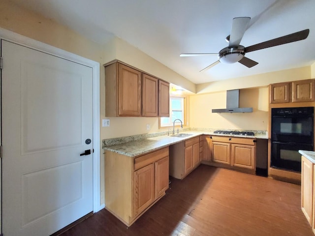 595 W Elk Grove Blvd, Elk Grove Village, IL 60007 - kitchen featuring wall chimney exhaust hood, wood finished floors, stainless steel gas cooktop, a ceiling fan, and light countertops