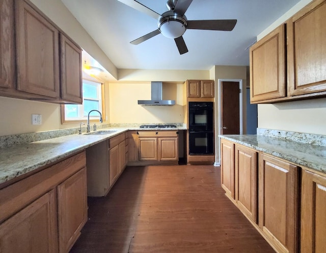 595 W Elk Grove Blvd, Elk Grove Village, IL 60007 - kitchen featuring wall chimney exhaust hood, stainless steel gas stovetop, dark wood finished floors, a ceiling fan, and light stone counters