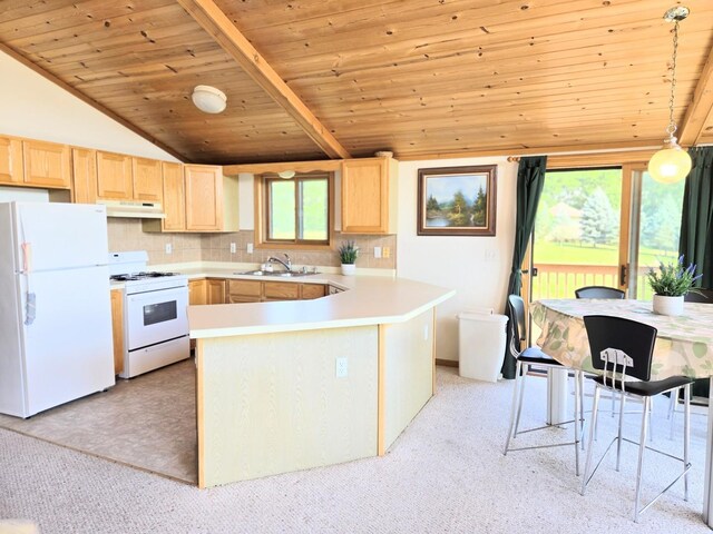 1928 Hidden Valley Dr, Lanark, IL 61046 - kitchen featuring white appliances, light brown cabinetry, wood ceiling, under cabinet range hood, and a peninsula