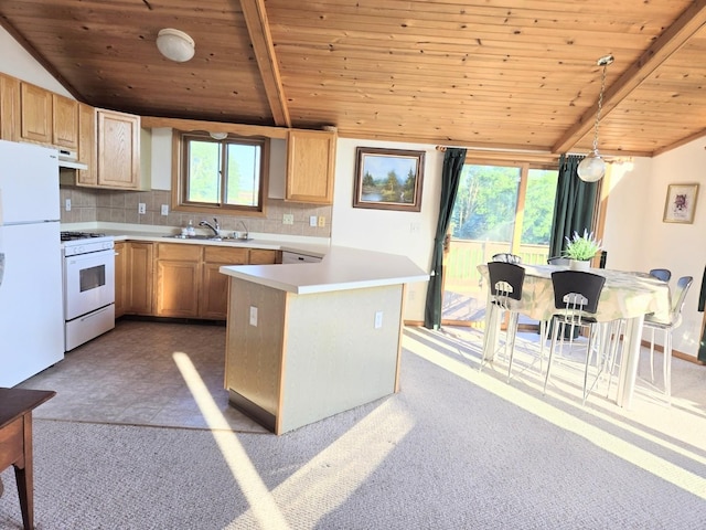 1928 Hidden Valley Dr, Lanark, IL 61046 - kitchen featuring white appliances, wooden ceiling, light countertops, backsplash, and light brown cabinetry