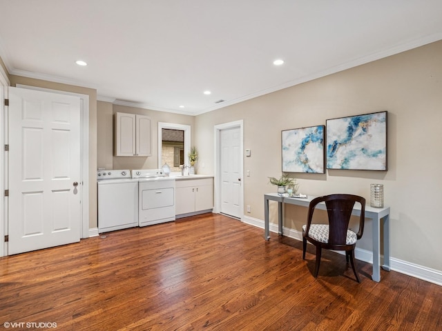 622 Kenilworth Ave, Kenilworth, IL 60043 - office area featuring wood finished floors, crown molding, washer and clothes dryer, and recessed lighting