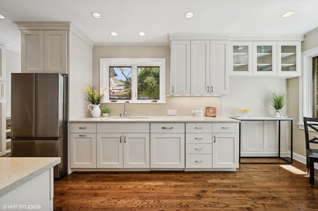 622 Kenilworth Ave, Kenilworth, IL 60043 - kitchen with freestanding refrigerator, crown molding, light countertops, recessed lighting, and dark wood finished floors