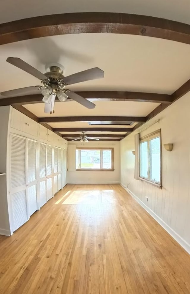8255 Lockwood Ave, Burbank, IL 60459 - unfurnished bedroom with beam ceiling, light wood finished floors, and a ceiling fan