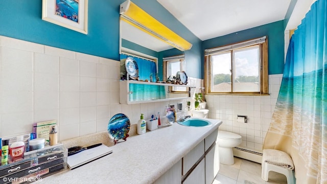 8824 Cherry Ave, River Grove, IL 60171 - full bath with tile walls, baseboard heating, vanity, tile patterned flooring, and curtained shower