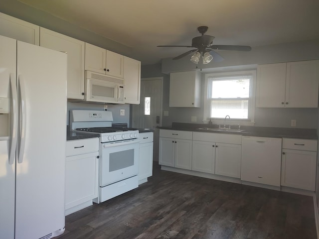 406 Highland St, Belvidere, IL 61008 - kitchen featuring white appliances, white cabinetry, dark wood-type flooring, a ceiling fan, and dark countertops