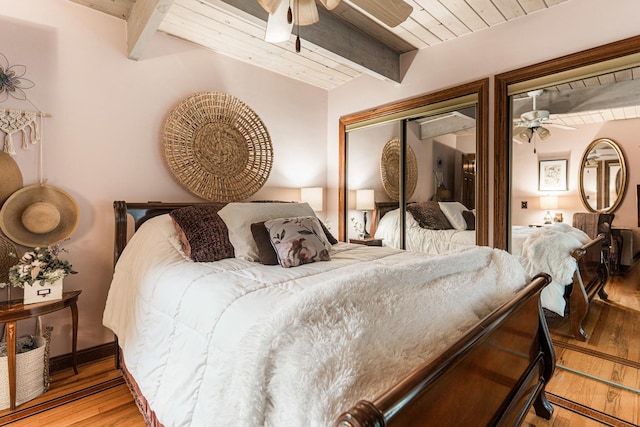 817 Meadow Ln, Sycamore, IL 60178 - bedroom featuring light wood-style flooring, a wooden ceiling with exposed beams, and ceiling fan