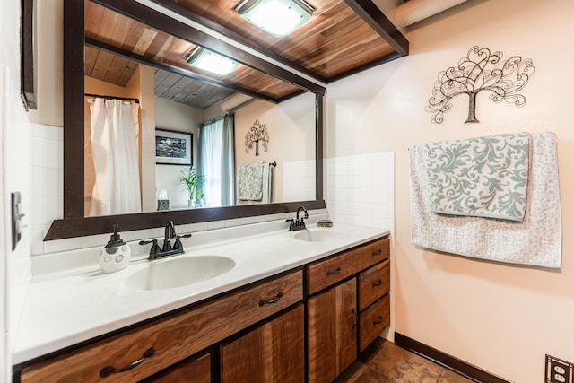 817 Meadow Ln, Sycamore, IL 60178 - bathroom with a wooden ceiling with exposed beams and double vanity
