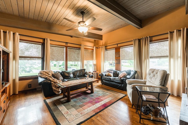 817 Meadow Ln, Sycamore, IL 60178 - living area featuring ceiling fan, a wood ceiling with exposed beams, and wood finished floors