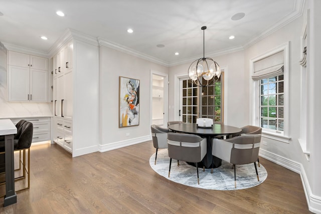 6403 S Garfield Ave, Burr Ridge, IL 60527 - dining room featuring a chandelier, dark wood finished floors, crown molding, and recessed lighting