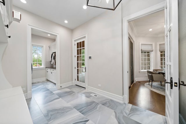 6403 S Garfield Ave, Burr Ridge, IL 60527 - foyer entrance with recessed lighting, ornamental molding, french doors, and light marble finish floors