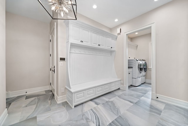 6403 S Garfield Ave, Burr Ridge, IL 60527 - mudroom with washer and clothes dryer, a chandelier, recessed lighting, and light marble finish flooring