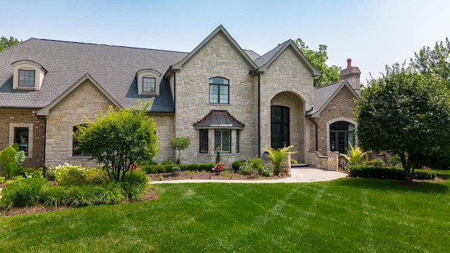 6403 S Garfield Ave, Burr Ridge, IL 60527 - french country home featuring stone siding, a front yard, and a high end roof