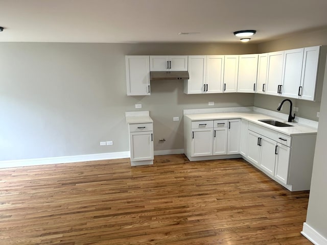 1224 S Harding Ave, Chicago, IL 60623 - kitchen with wood finished floors, light countertops, white cabinets, and under cabinet range hood