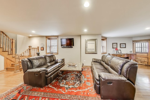2333 N Spaulding Ave, Chicago, IL 60647 - living room featuring light wood-style floors, stairs, and recessed lighting
