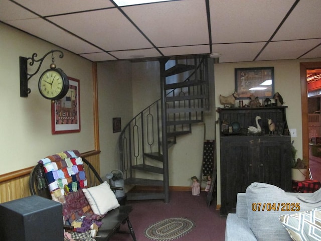 15521 116th Ct, Orland Park, IL 60467 - carpeted living area with a drop ceiling and stairway