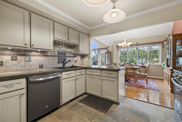 700 Monroe Dr, Lindenhurst, IL 60046 - kitchen featuring dishwasher, a peninsula, dark countertops, a chandelier, and ornamental molding