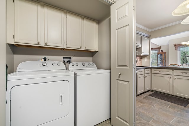 700 Monroe Dr, Lindenhurst, IL 60046 - laundry area featuring washing machine and clothes dryer, cabinet space, and crown molding