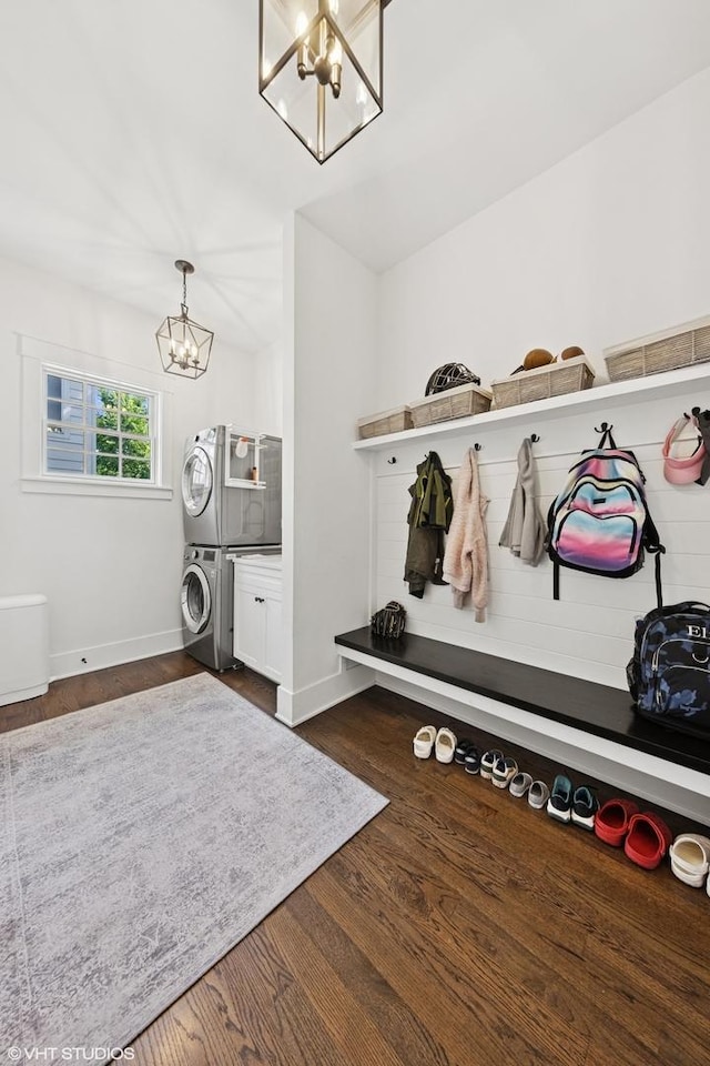 4603 Oakwood Ave, Downers Grove, IL 60515 - mudroom featuring a chandelier, stacked washing machine and dryer, and dark wood finished floors