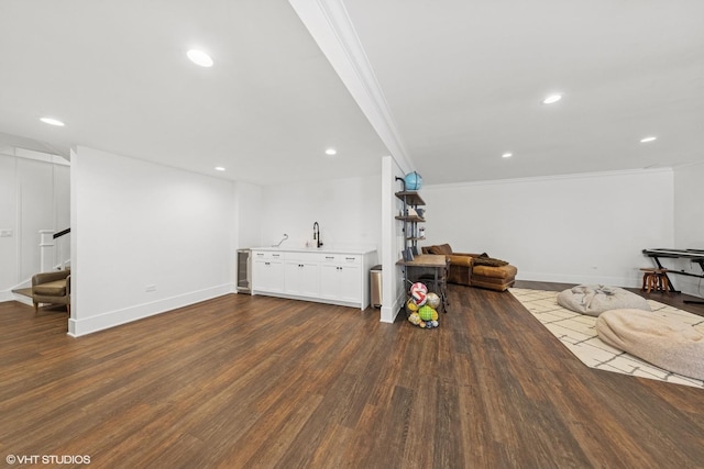 4603 Oakwood Ave, Downers Grove, IL 60515 - living room with crown molding, dark wood-style floors, stairs, and recessed lighting