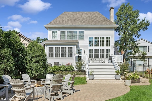 4603 Oakwood Ave, Downers Grove, IL 60515 - back of property with stairs, a patio, a fire pit, a chimney, and a shingled roof