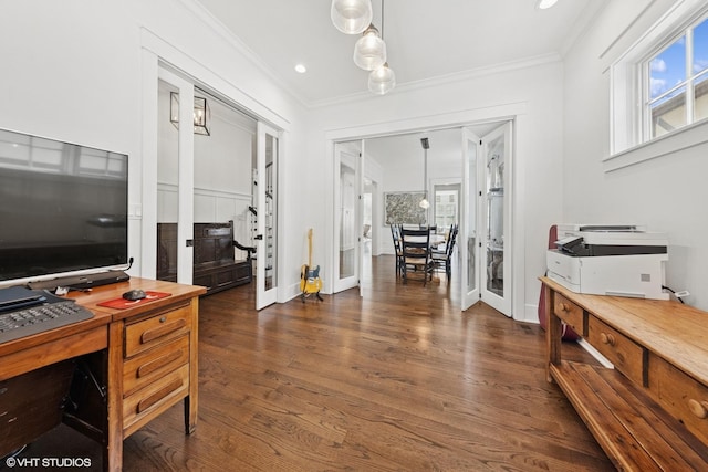4603 Oakwood Ave, Downers Grove, IL 60515 - office area with french doors, crown molding, dark wood finished floors, healthy amount of natural light, and recessed lighting