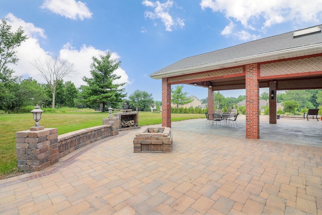 15442 W Purley Ct, Homer Glen, IL 60491 - view of patio / terrace featuring a gazebo, a fireplace, and outdoor dining area