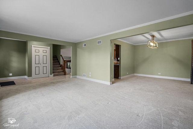 658 Brookside Ln, Frankfort, IL 60423 - unfurnished living room featuring carpet flooring, stairs, and ornamental molding