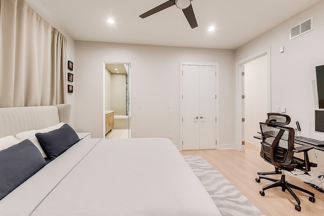 922 N Hermitage Ave Unit 1, Chicago, IL 60622 - bedroom featuring recessed lighting, light wood finished floors, ensuite bathroom, and ceiling fan