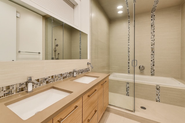 922 N Hermitage Ave Unit 1, Chicago, IL 60622 - bathroom featuring a tub, double vanity, tasteful backsplash, recessed lighting, and a shower