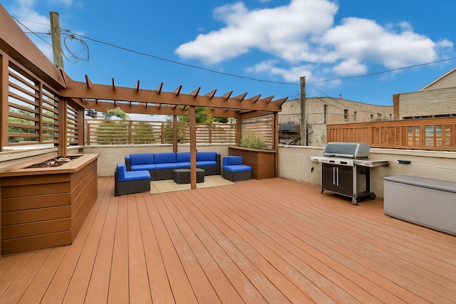 922 N Hermitage Ave Unit 1, Chicago, IL 60622 - wooden terrace featuring grilling area, outdoor lounge area, and a pergola