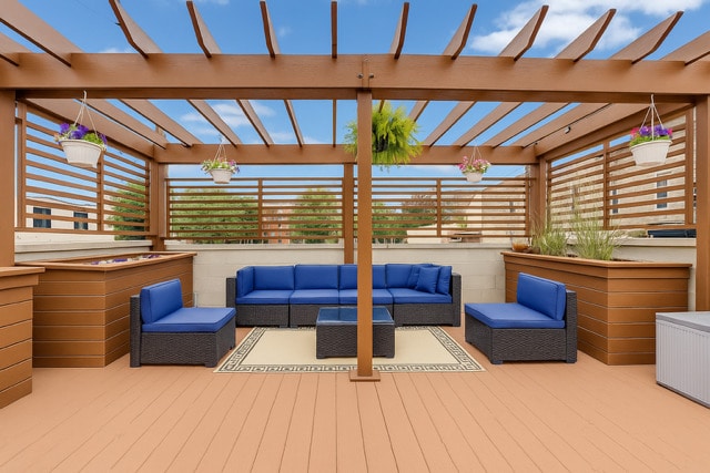 922 N Hermitage Ave Unit 1, Chicago, IL 60622 - wooden deck featuring an outdoor living space and a pergola
