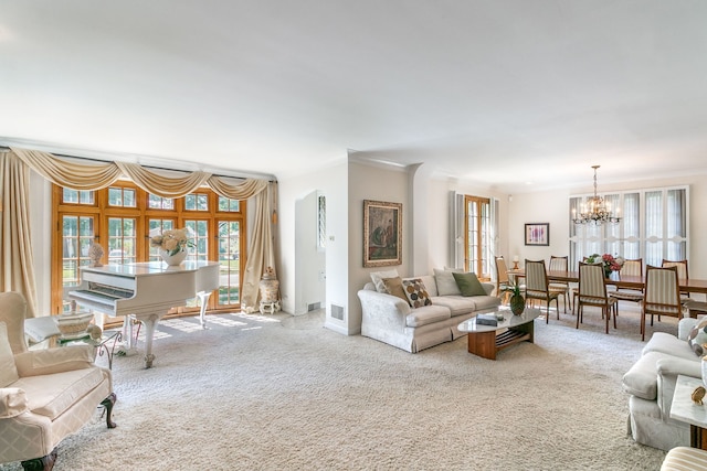 400 Selborne Rd, Riverside, IL 60546 - living room featuring a chandelier, carpet floors, and ornamental molding