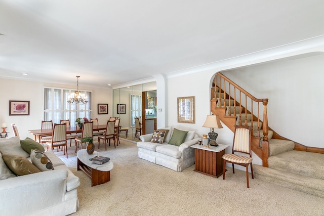 400 Selborne Rd, Riverside, IL 60546 - living room featuring light carpet, plenty of natural light, stairs, and crown molding